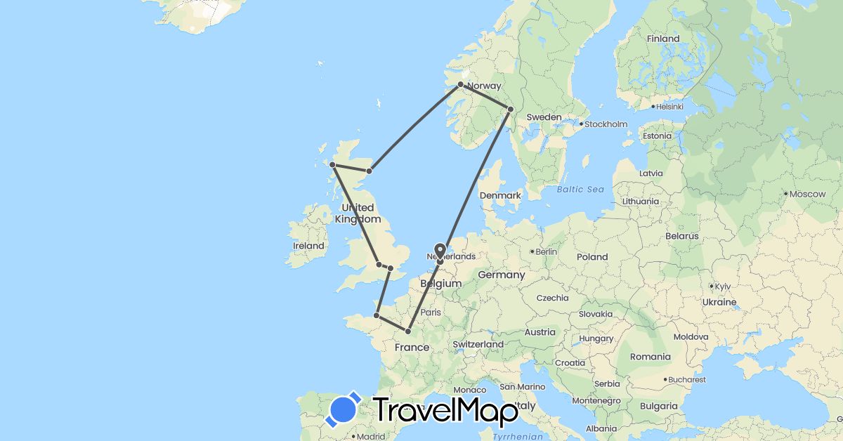 TravelMap itinerary: driving, motorbike in France, United Kingdom, Netherlands, Norway (Europe)